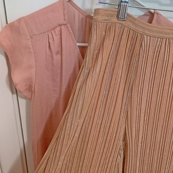 Relaxed Metallic Pleated Midi Skirt Sz S US Maeve Anthropologie Ambra Rose Gold - Picture 11 of 12